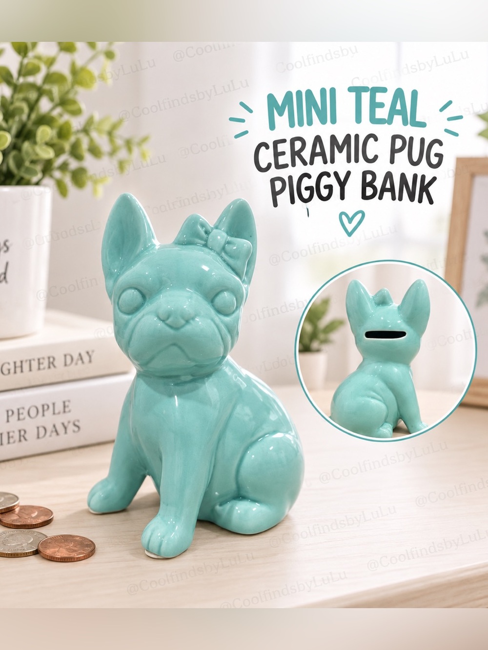 Mini Teal Ceramic Pug Piggy Bank - Cute Small Pets Savings Bank